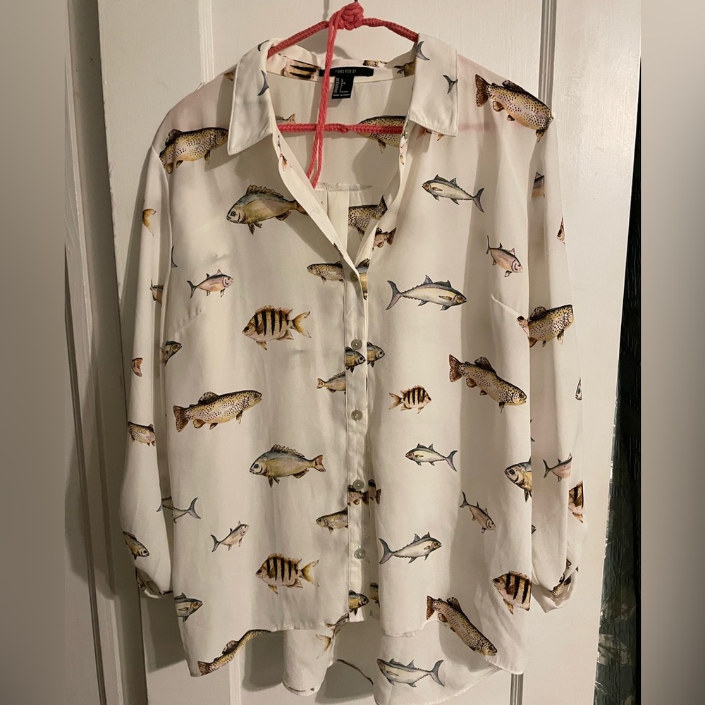 Forever 21 White and Brown Fish Pattern Blouse